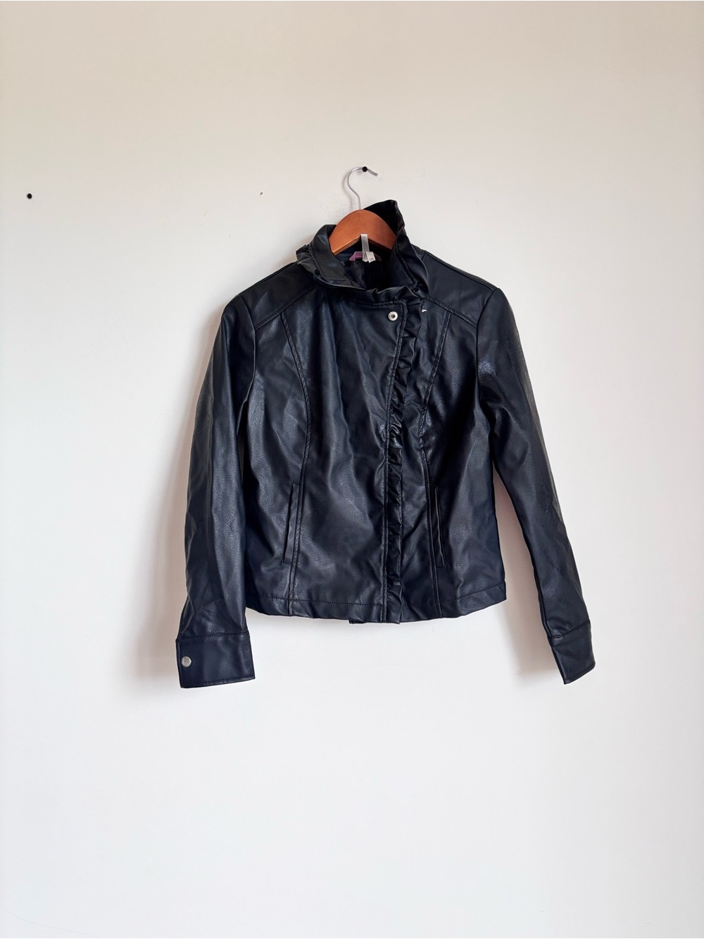 Platinum Black Faux Leather Ruffle Asymmetric Moto Biker Jacket Medium M